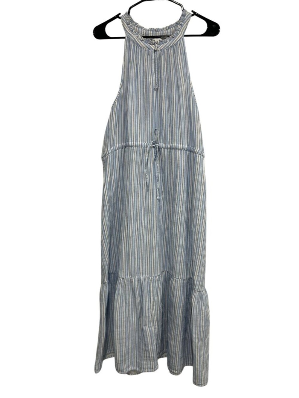 Time And Tru XL Blue White Striped Sleeveless Maxi Dress Ruffle Neck Retro
